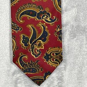 Paul Stuart Mens Silk Paisley Tie Red Gold Navy Blue Hand Sewn Made in USA